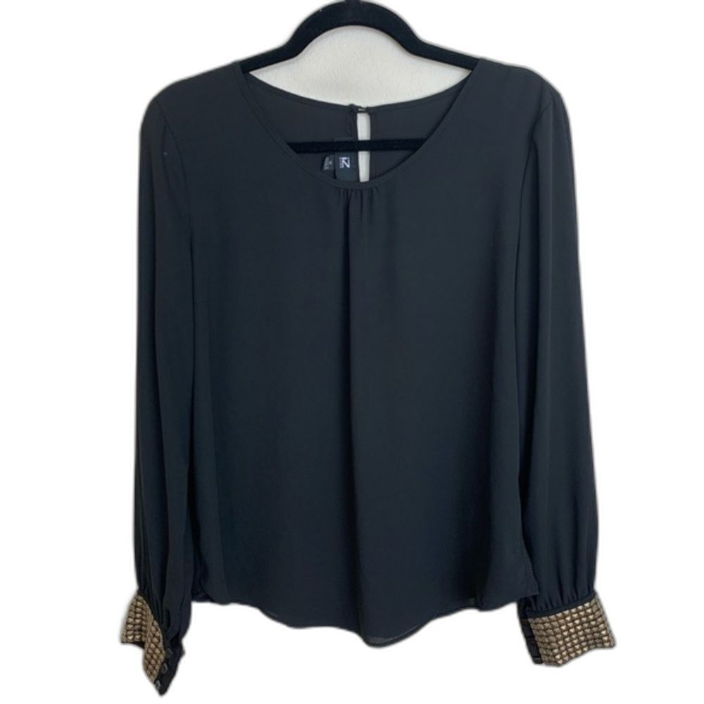 iZ Byer Black Long Sleeve Blouse Size M Gold Embellished Cuffs Career